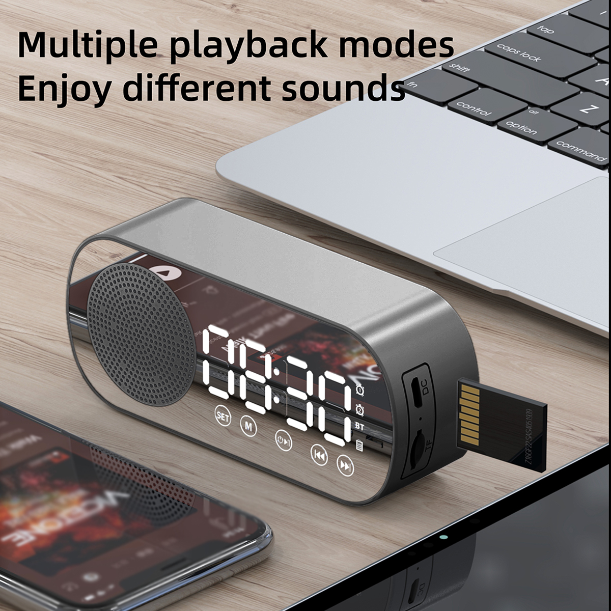 LED Digital Alarm Clock Bluetooth 5.0 Speaker Desk Alarm Clock Adjustable Brightness Digital Alarm Clock Support TF Card